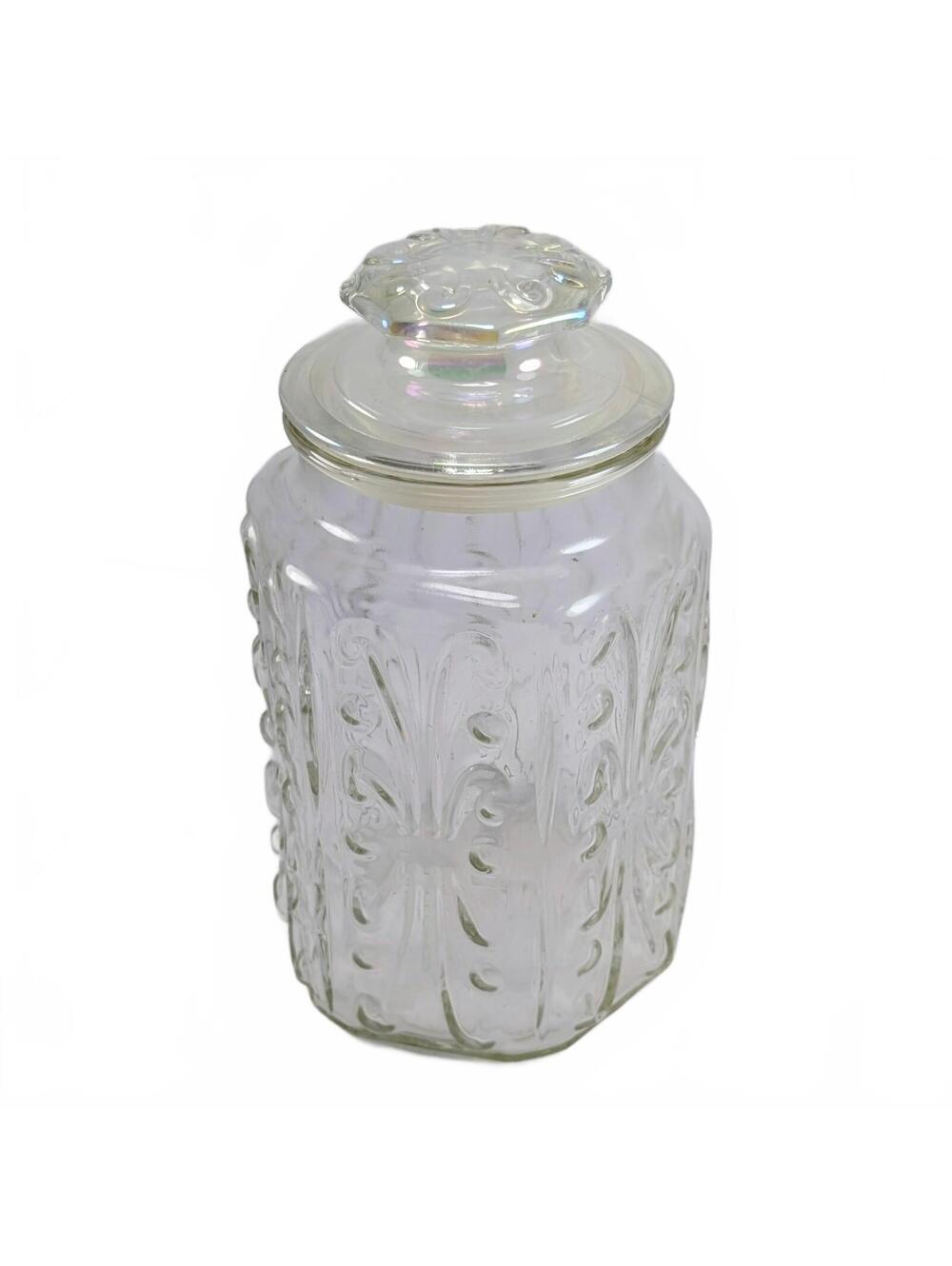 Vtg L.E. Smith Atterbury Scroll Apothecary Jar 9", Iridescent Lid
